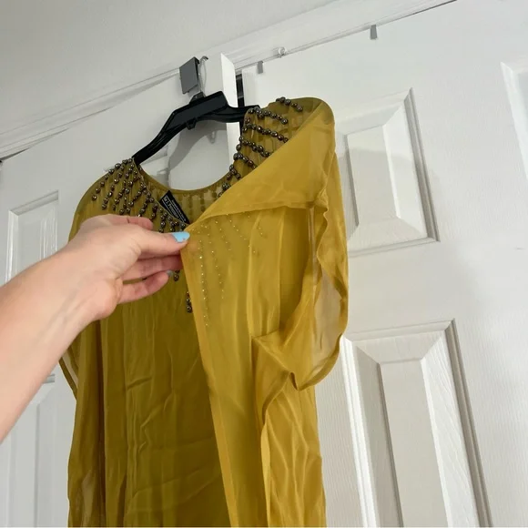 J. Peterman Company The Evening Caftan Gown Beaded Maxi Dress MuMu Yellow Gold M - Picture 14 of 16